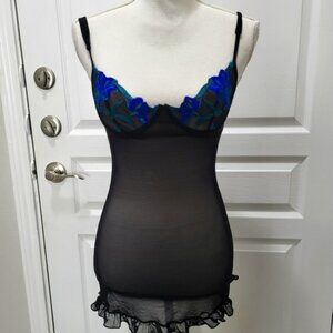 Black Mesh Blue Embroidered Slip Dress